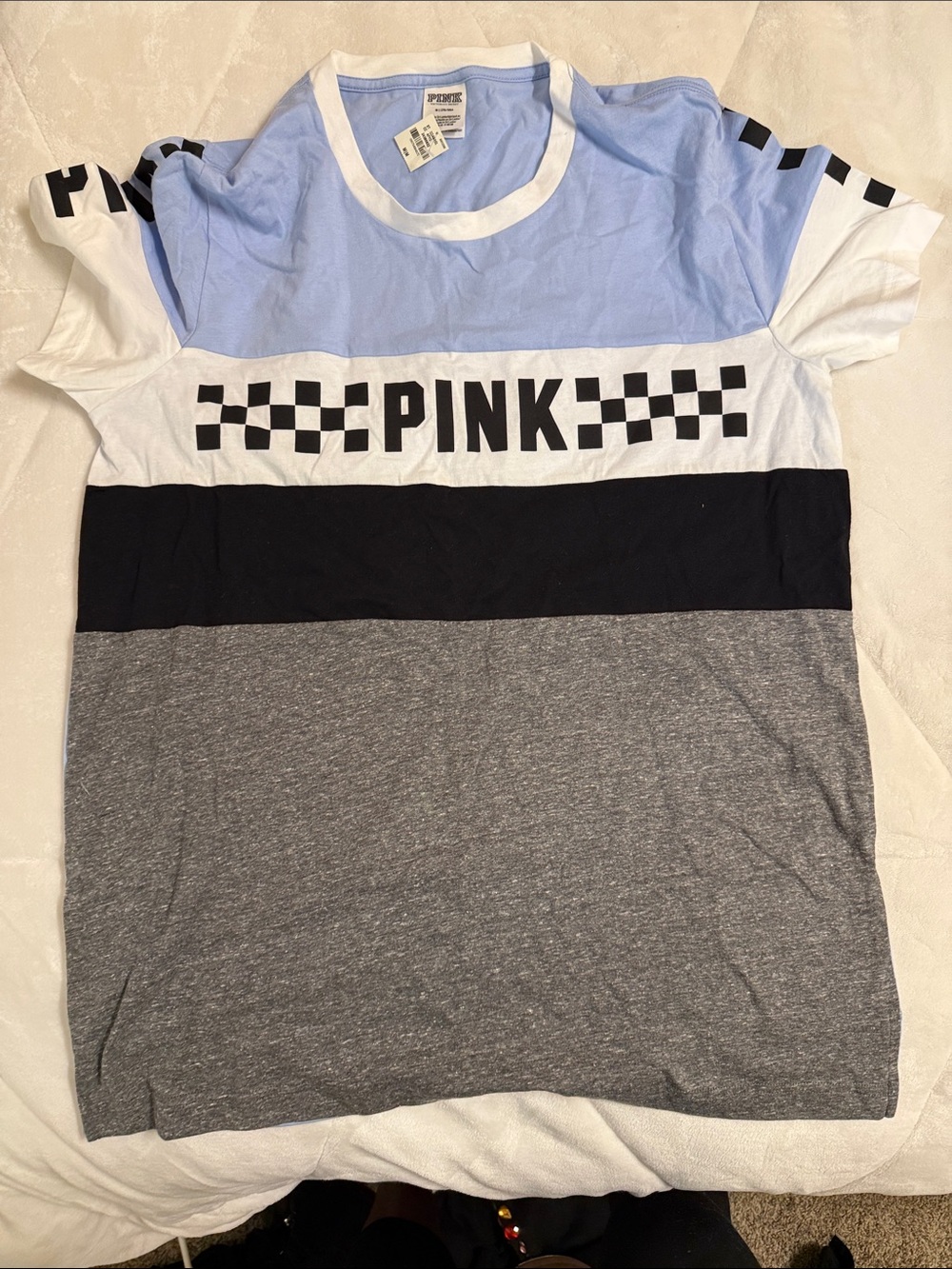 PINK Victoria's Secret Blue White Black Gray Colorblock Logo Tee - new with tags
